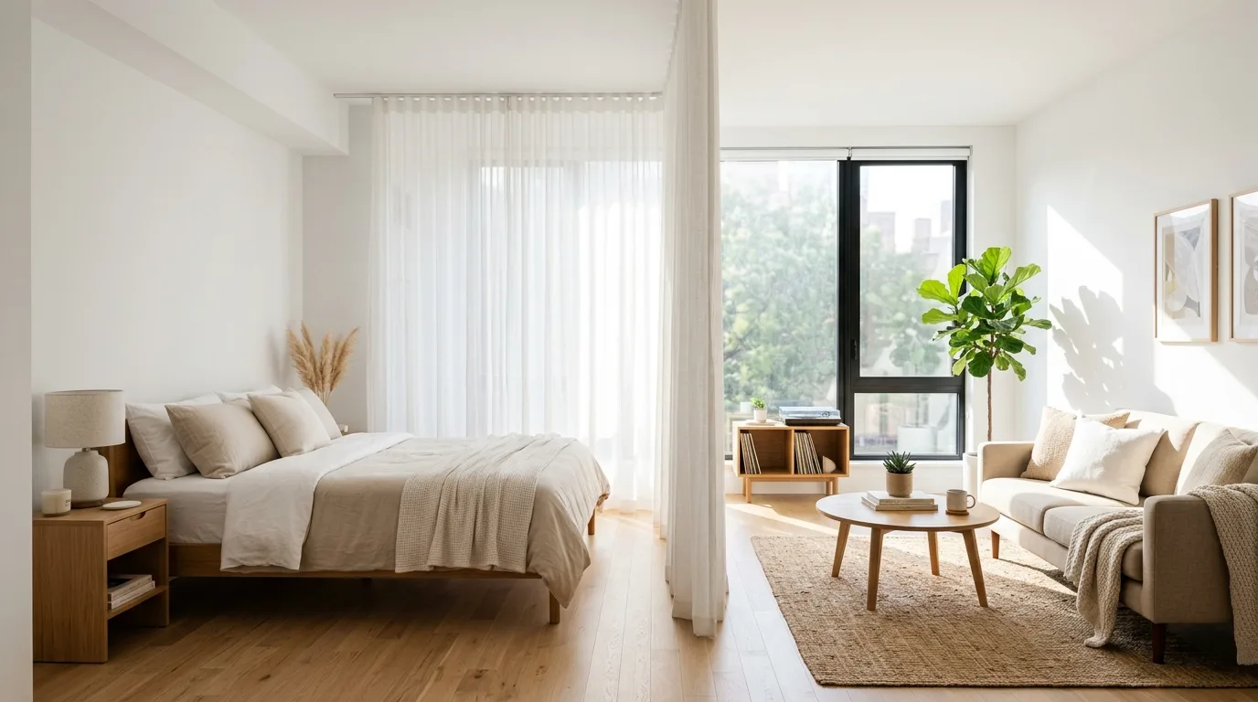 Separate areas with a soft room divider inspiration for a studio apartment.